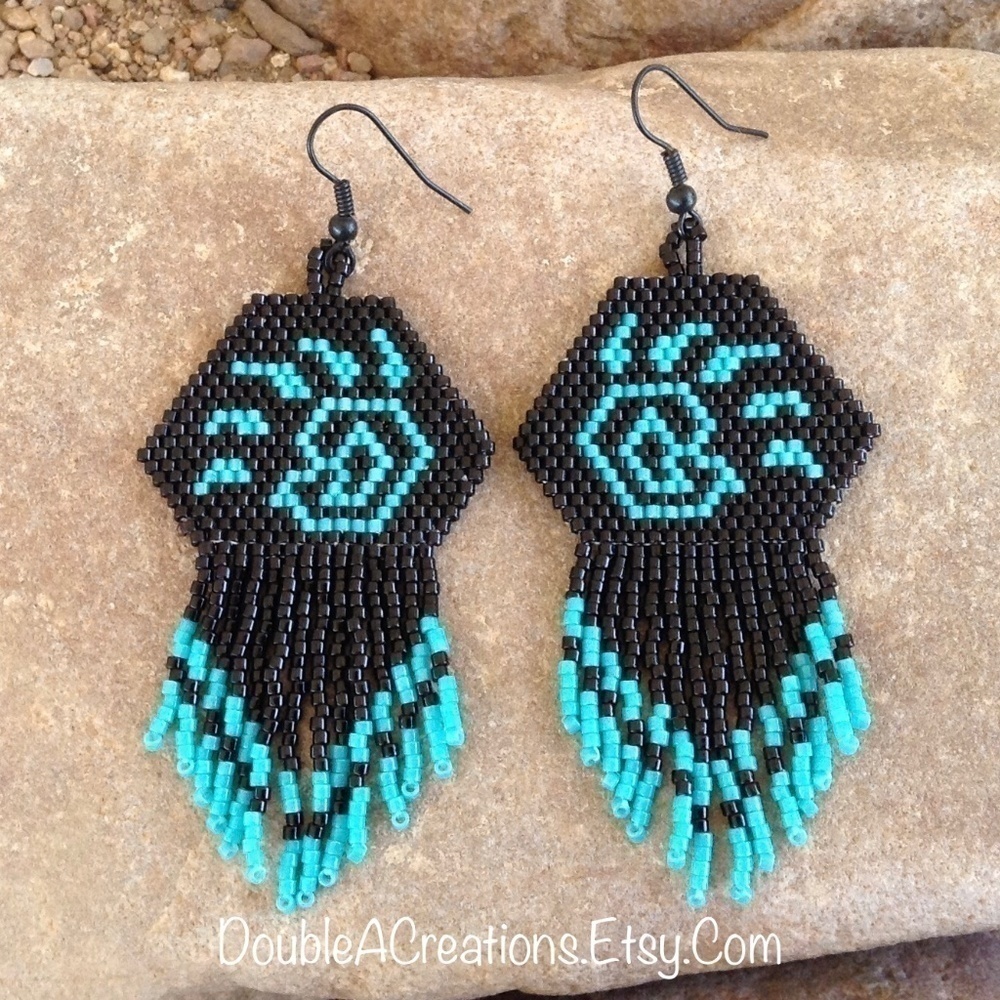 Native Bear Paw Beaded Earrings With Fringe, New, Handmade By Me